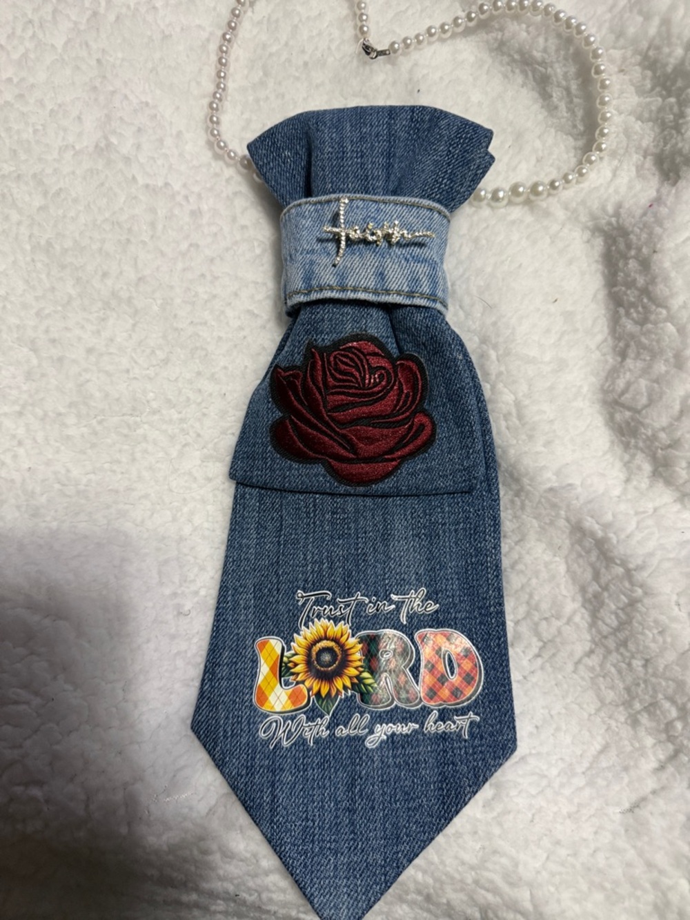 Denim Necktie Necklace with Rose Patch and Colorful 'Lord' Graphic